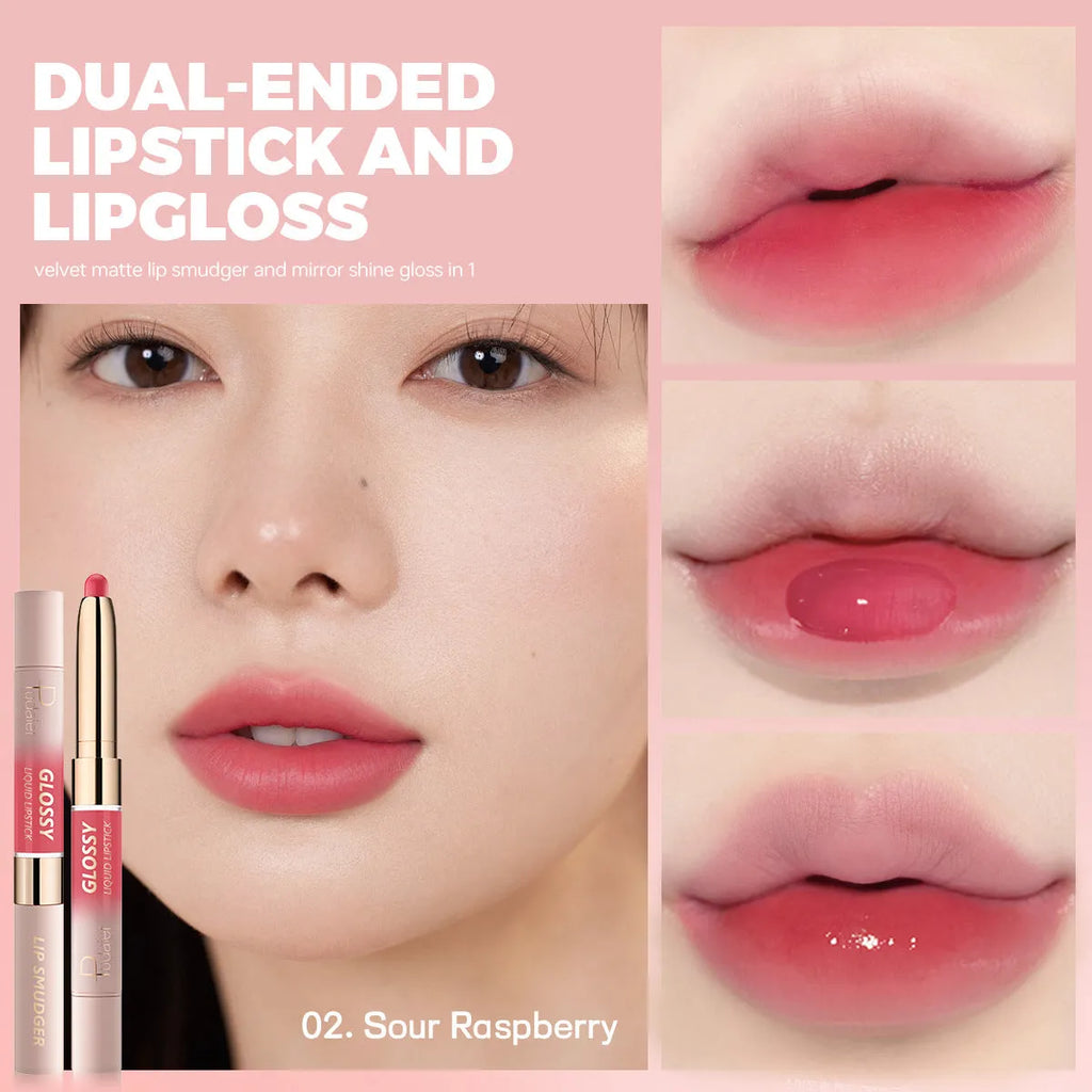Double-headed lipstick with matte finish and gloss in ten colour options