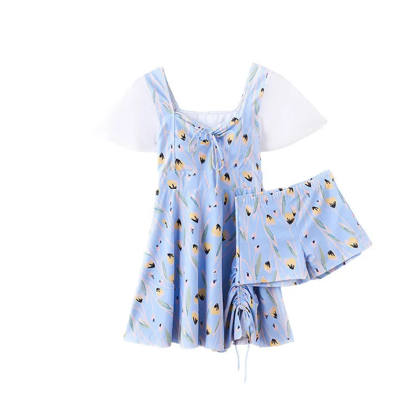 Women's sea salt blue floral print one-piece swimsuit with personalisation option
