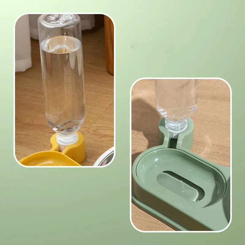 Brown cat food bowl set with elevated bowl and water dispenser bottle on floor