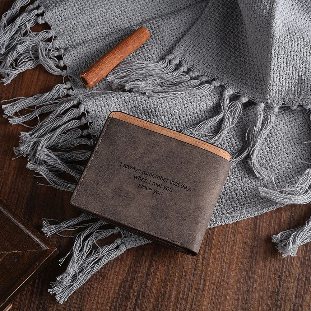 Coffee brown engraved horizontal short wallet showing photo personalisation feature