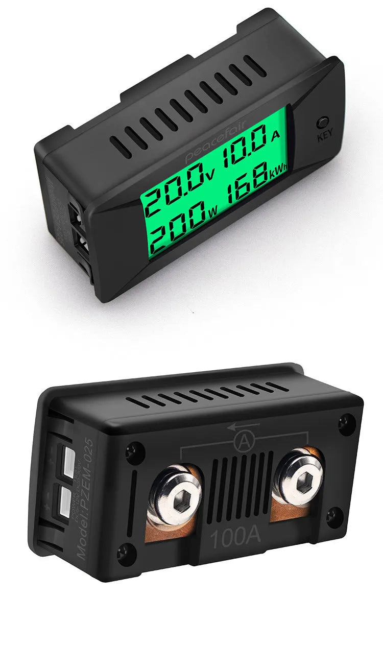 DC digital display voltmeter and ammeter with wiring and wrench for 0-300V measurement.