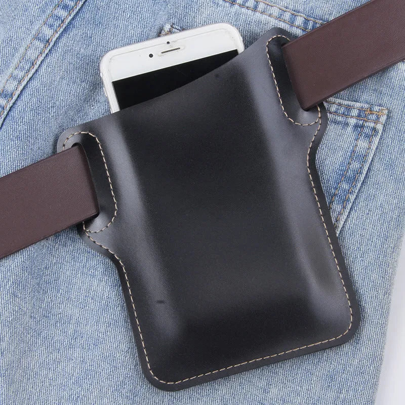 Men's PU square vertical waist belt bag in black, designed for oversized phones, front view