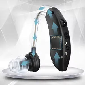 Black behind-the-ear hearing aid with noise reduction, USB rechargeable, 60W power