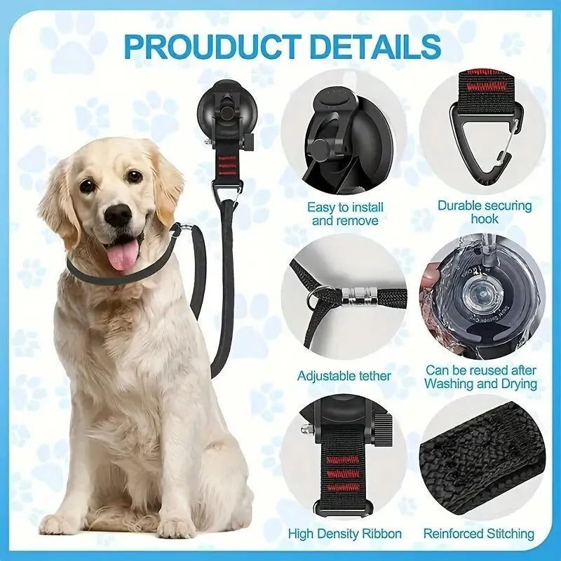 Pet bathing restraint with blue suction cups and traction rope for secure attachment during washing