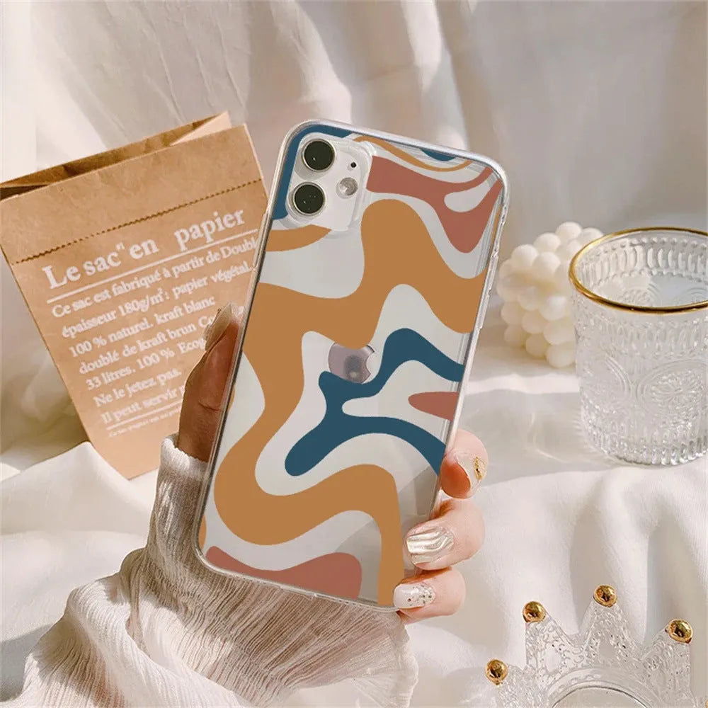 Transparent TPU phone case with striped wave painting pattern for iPhone 14 Pro