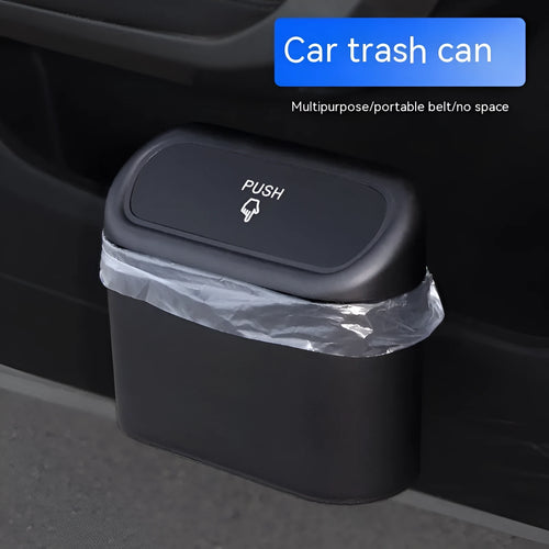 Black foldable plastic car trash can with waterproof lining, designed for mounting behind a car seat.