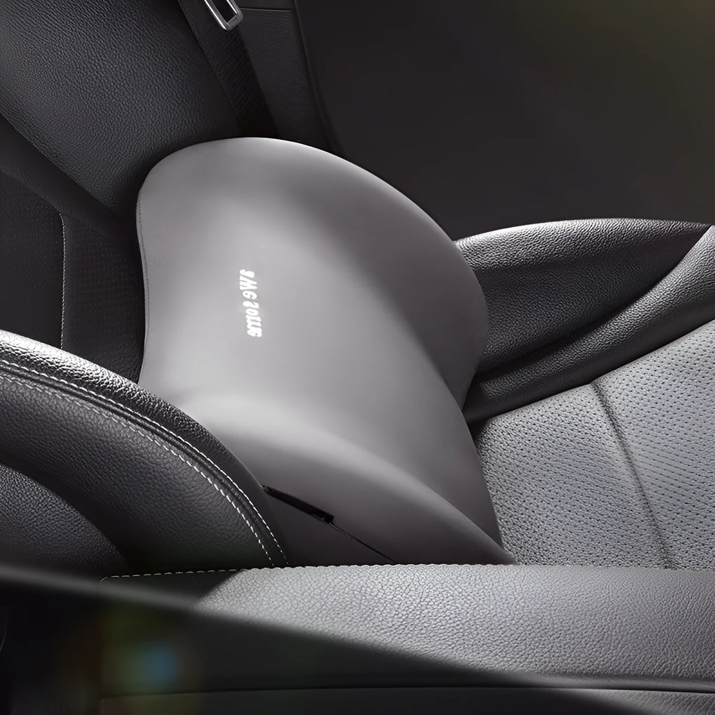 Car headrest and lumbar support pillow set in cloth material, shown in available colours.