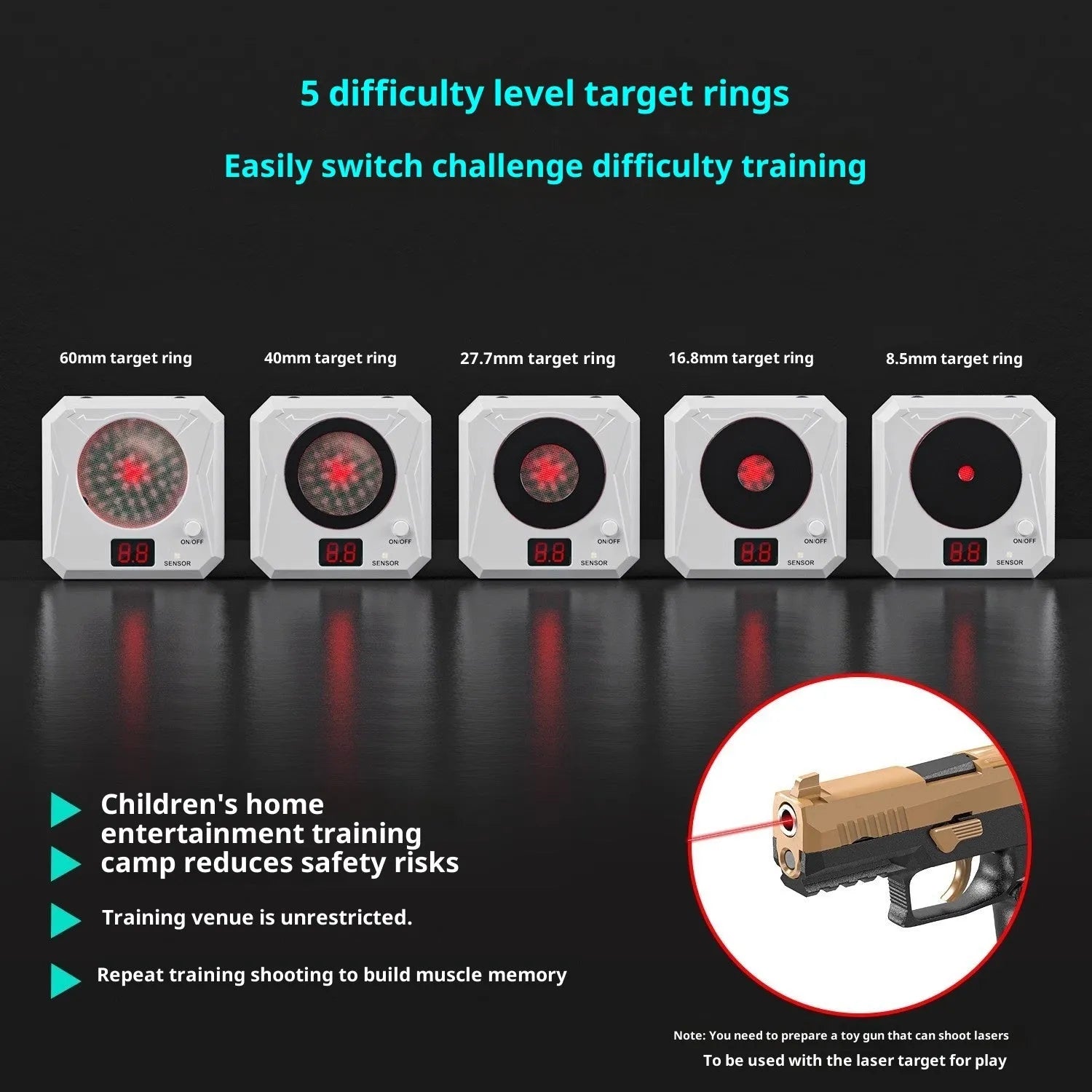 Infrared laser dry fire training target with replaceable ring, magnetic plate, and Type-C charging port