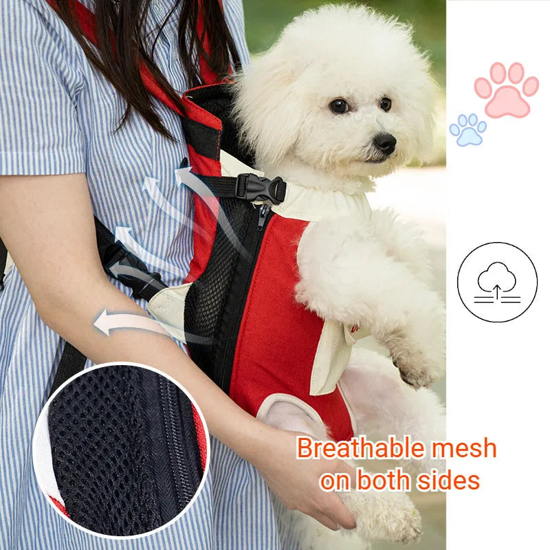 A person wearing a blue and yellow front-carry pet sling backpack containing a small dog, with adjustable cross-shoulder straps.
