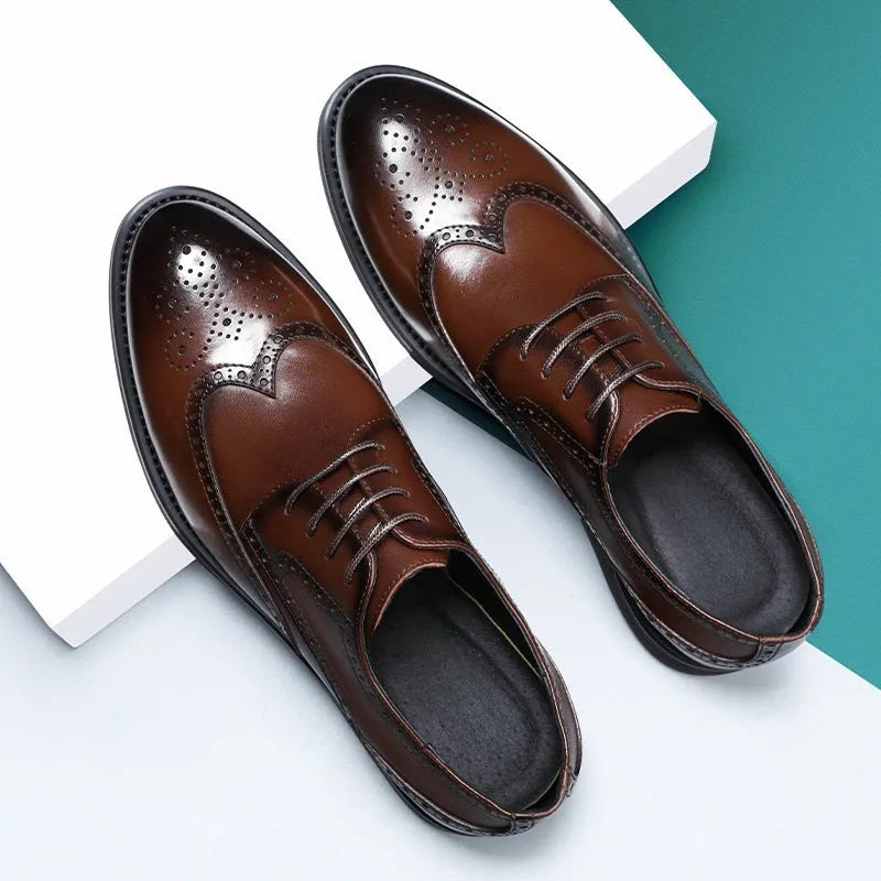 Men's black and brown brogue shoes with business styling and PU leather upper