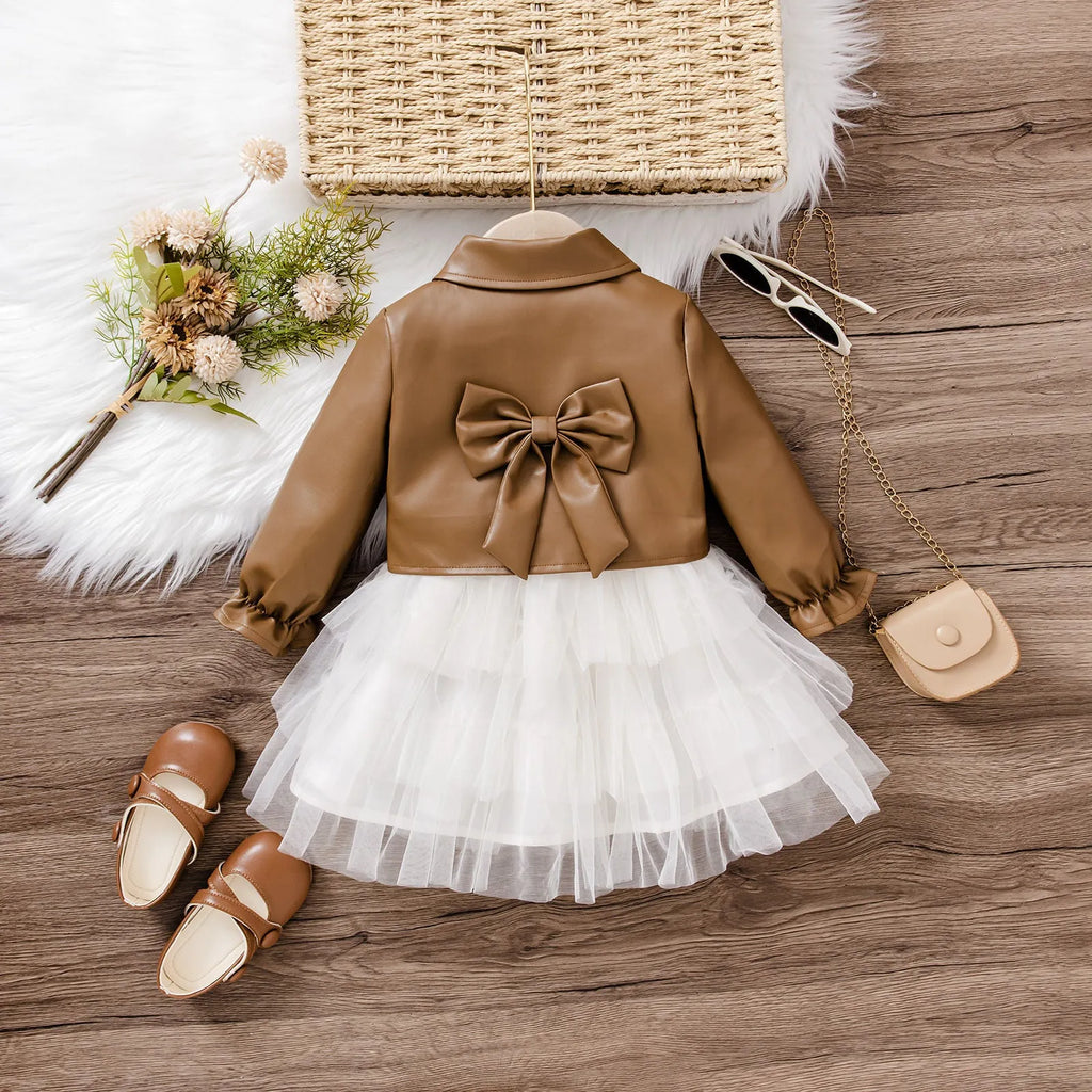 Korean-style children's two-piece set in brown cotton: long-sleeve coat and dress for baby girls, suitable height 12-18 months