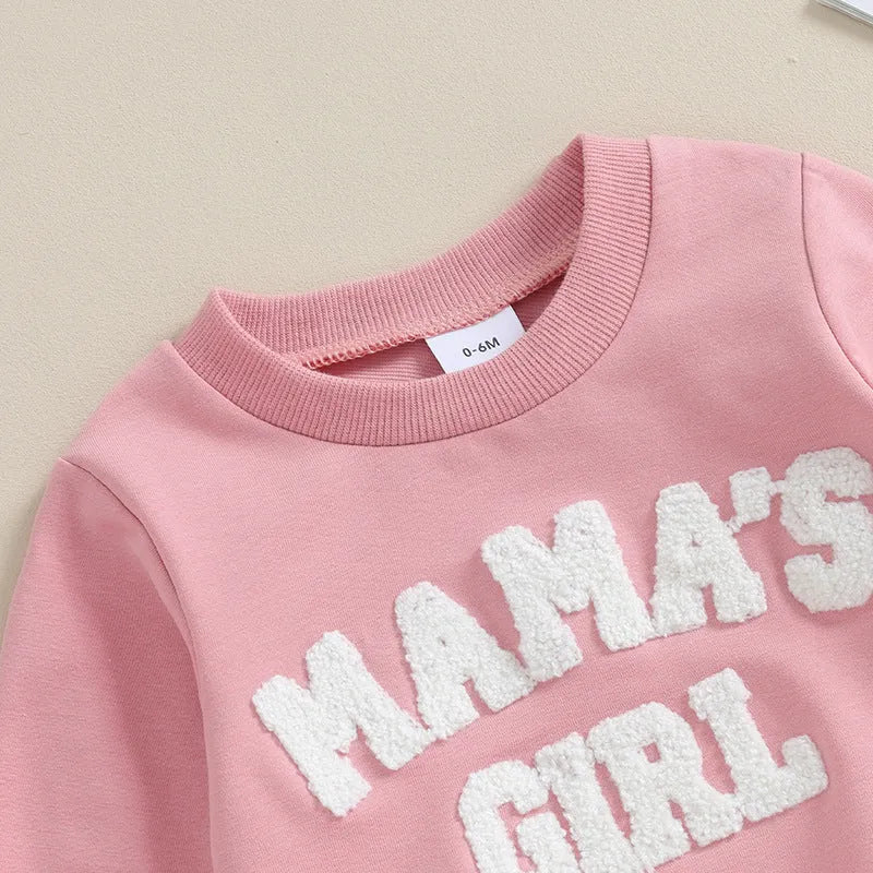 Baby girl cotton blend letters embroidered sweater and trousers suit in pink and purple, long sleeves