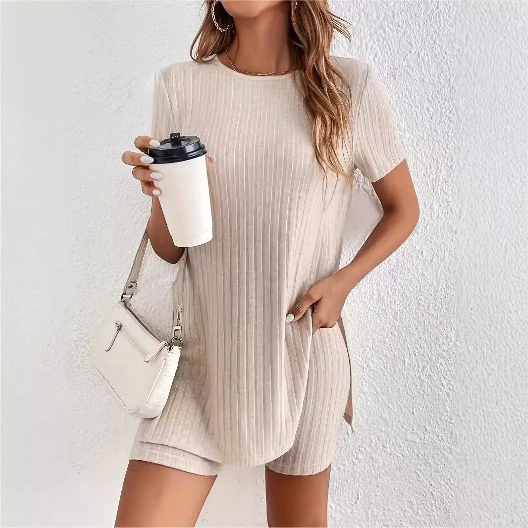 Women's black cotton crew neck short sleeve top and matching shorts suit set with ribbed detailing