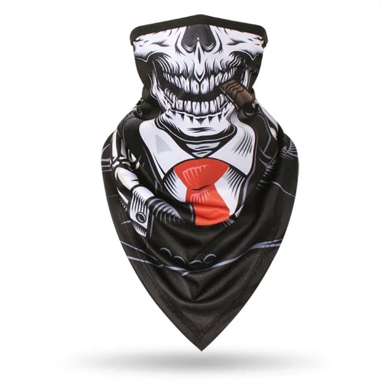 Lycra spandex full face and neck protection sun mask showing skull and floral design options