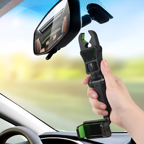 Car mobile phone holder attached to rear view mirror bracket showing black and grey colour option