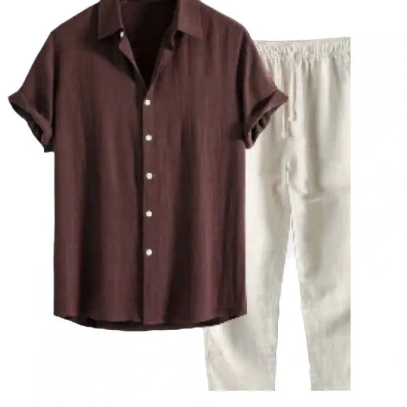 Men's casual linen blend short sleeve shirt and full-length trousers set on a hanger.
