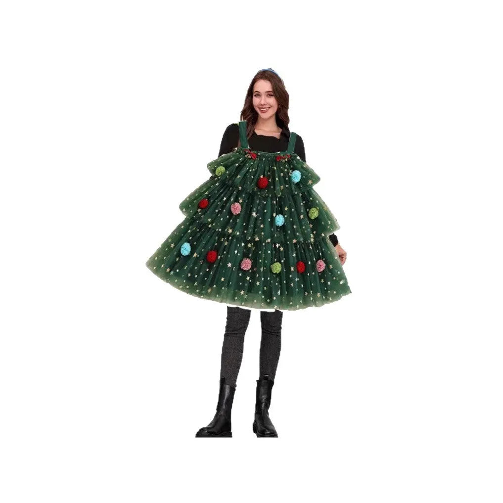 Green mesh polka dot Christmas tree dress with colourful balls and a tiered suspender skirt.
