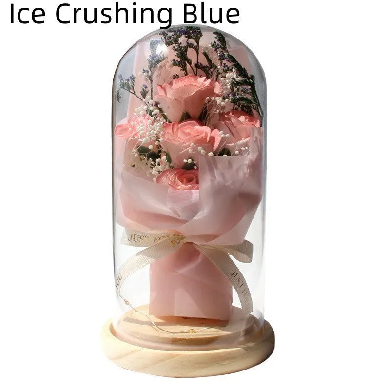 Dried flower and soap flower bouquet under glass dome on wooden LED base, available in multiple colours including Aisha Pink and Light Purple