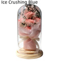 Dried flower and soap flower bouquet under glass dome on wooden LED base, available in multiple colours including Aisha Pink and Light Purple