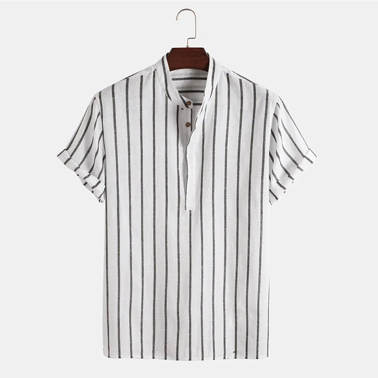 Fashion striped casual men's short sleeve cotton shirt pullover in regular fit, available in multiple colours