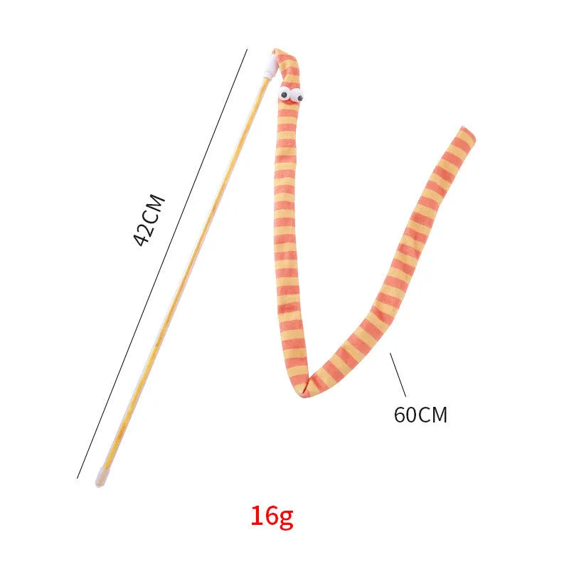 Cat teaser wand toy with long plush strip and bell on a polycarbonate pole.