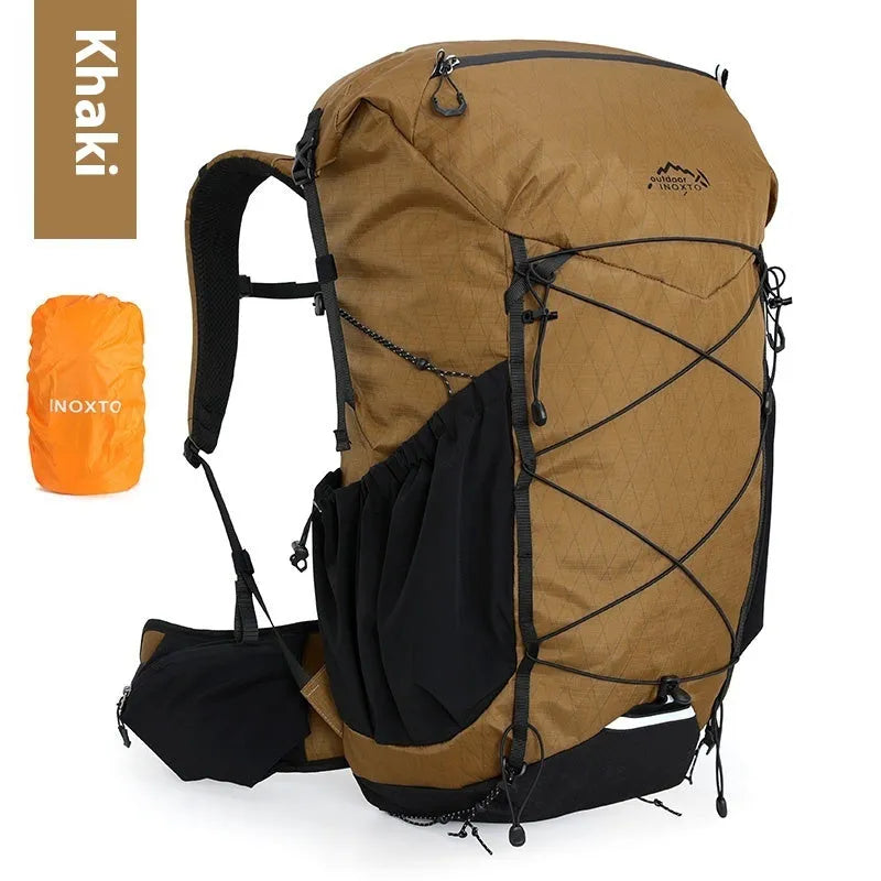 Large capacity waterproof mountaineering backpack with internal frame in black for camping and hiking