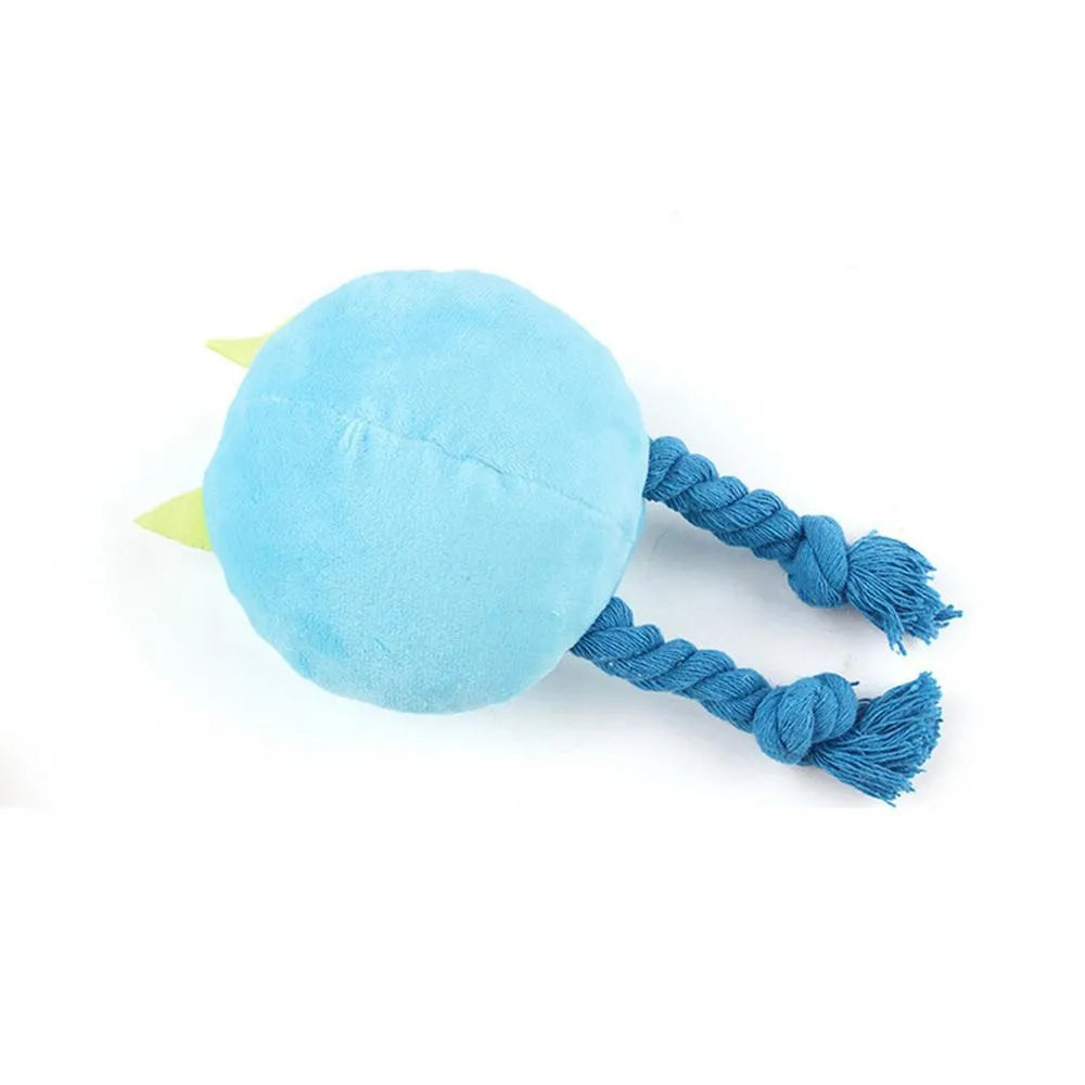 Blue and yellow cartoon dog squeaky toys with strong knot design and cotton rope texture