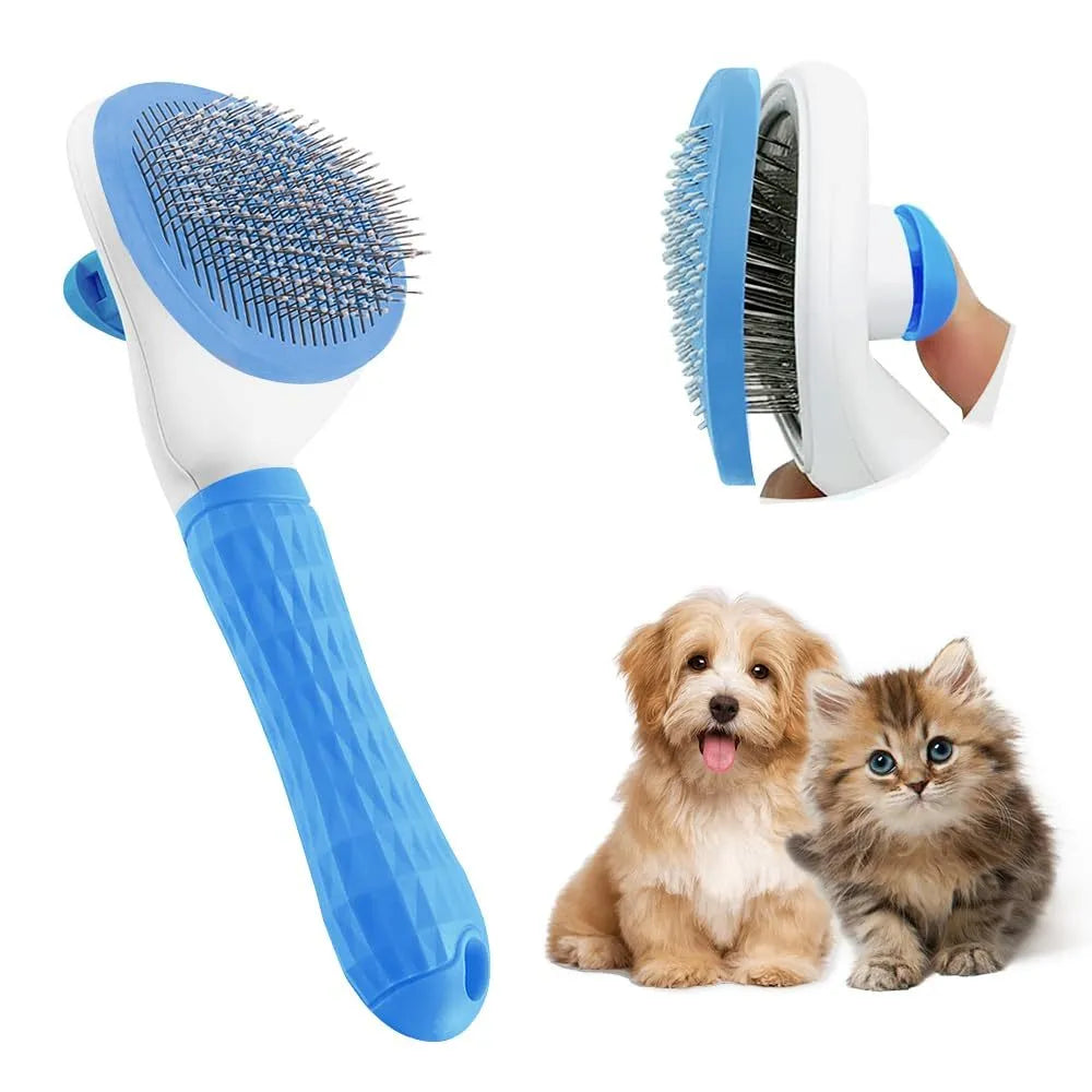 Cat grooming brush with release button in blue, grey and pink colour options