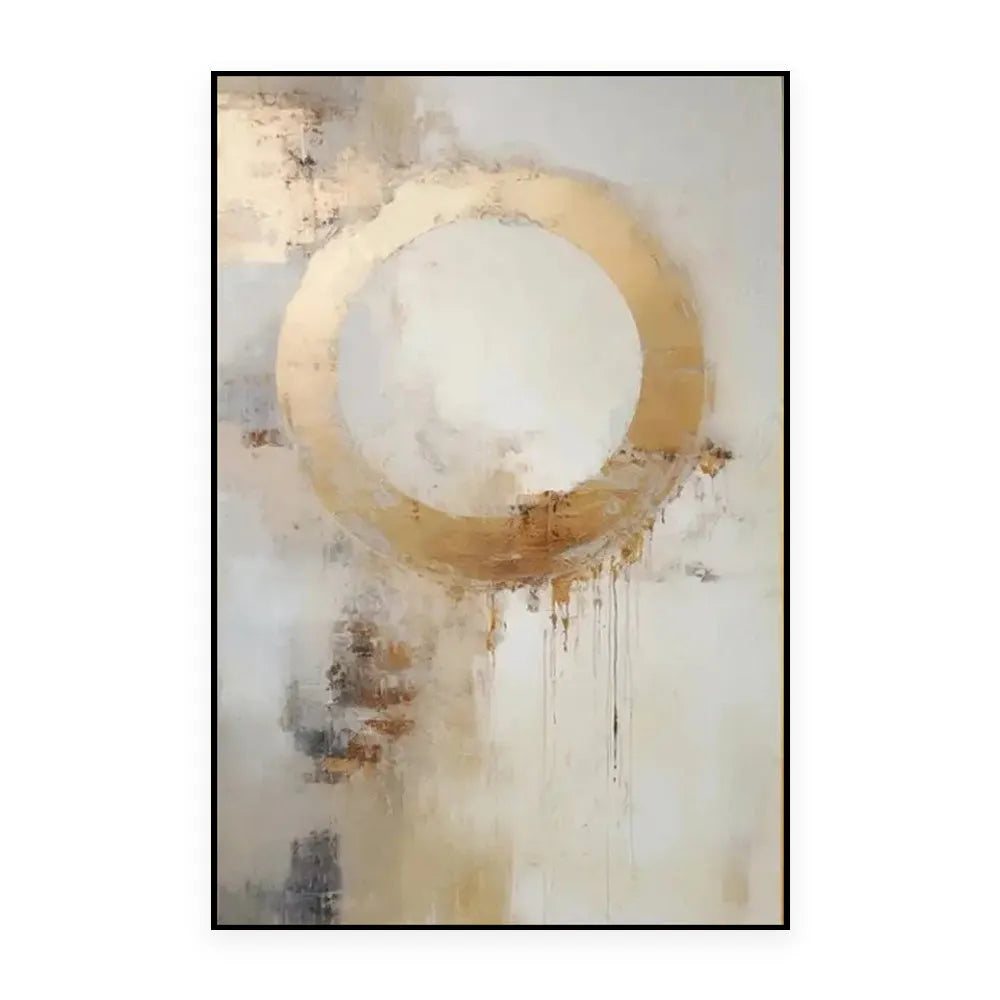 Handmade oil painting modern abstract golden circle on canvas for home decor, frameless unstretched, vertical orientation