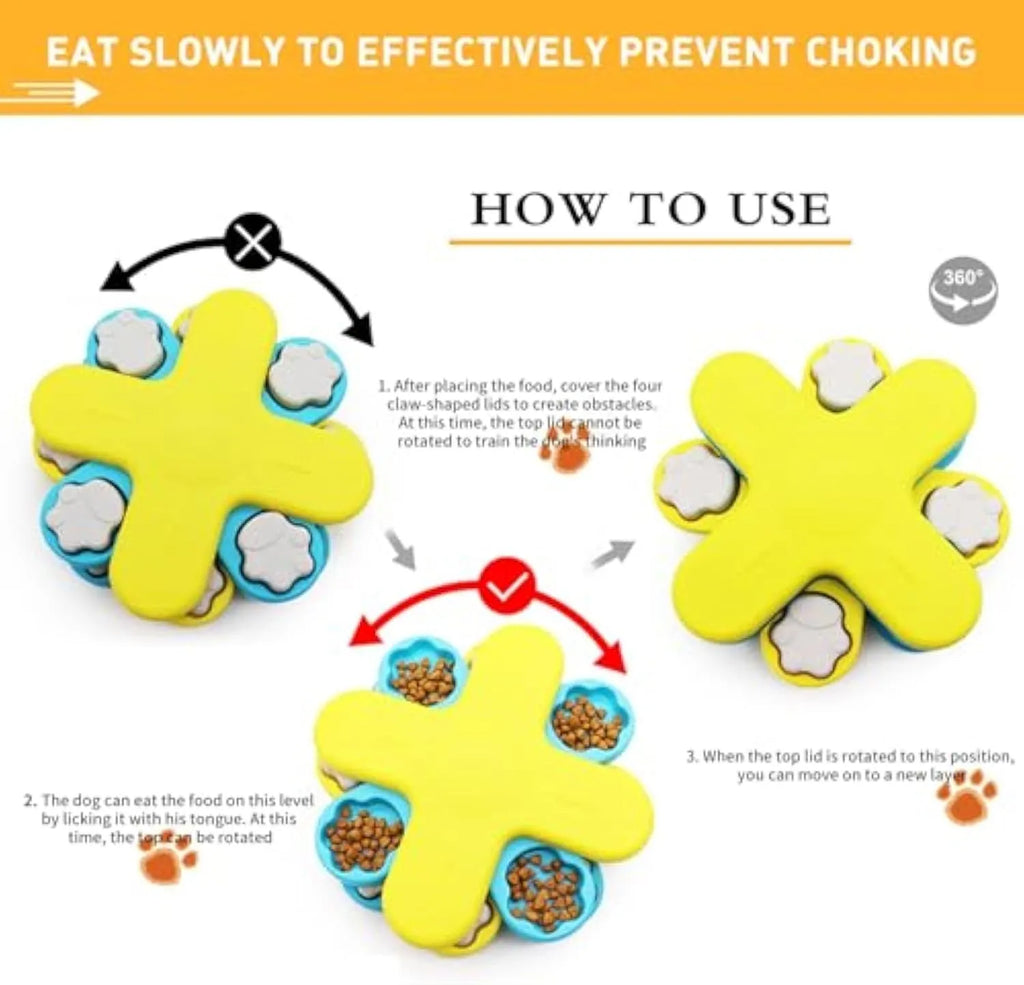 Yellow three-layer rotating dog puzzle feeder bowl with anti-slip base.