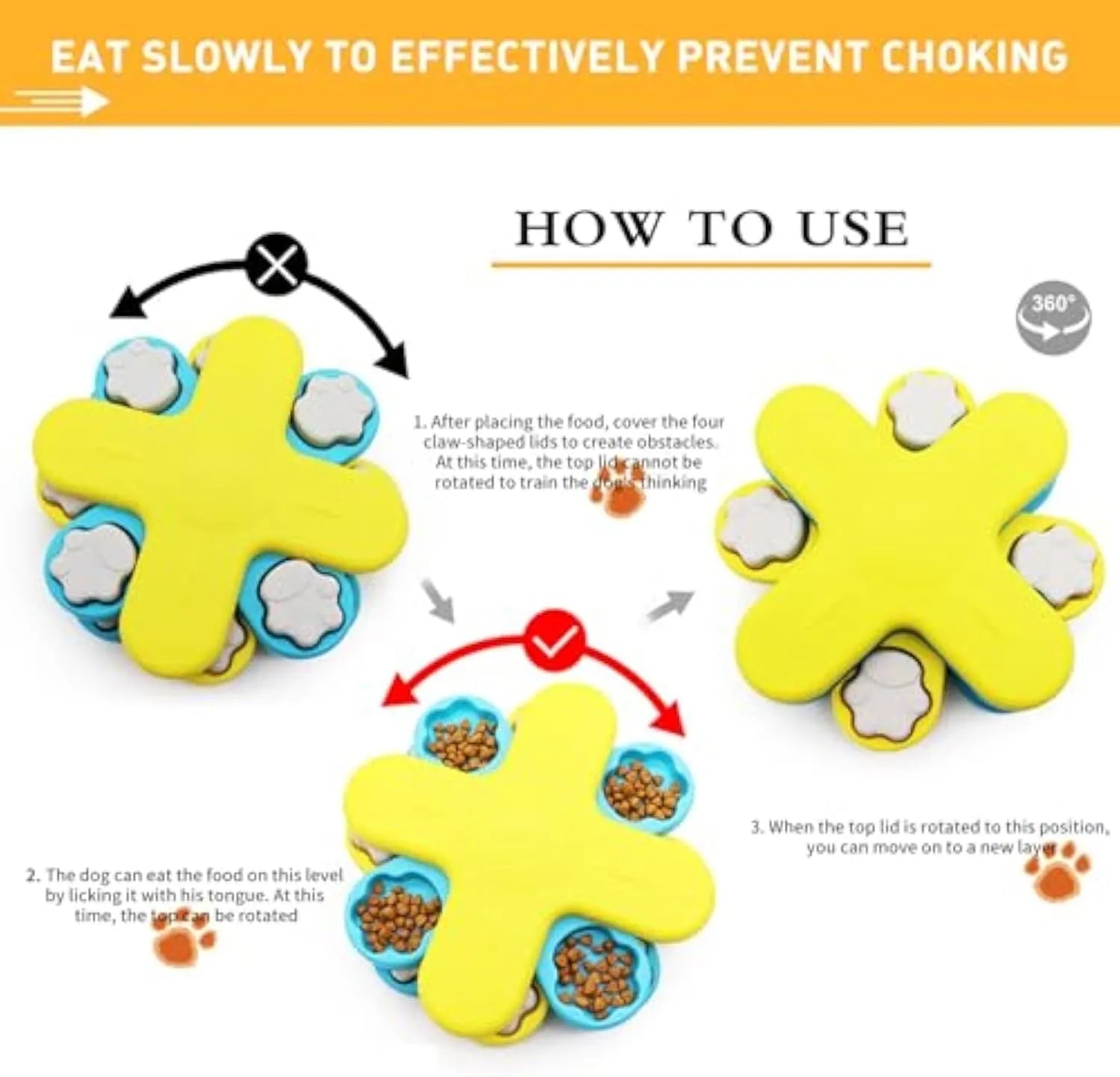 Yellow three-layer rotating dog puzzle feeder bowl with anti-slip base.