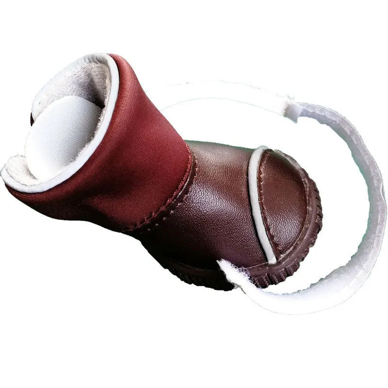 Red and coffee PU waterproof rain boots for small dogs with non-slip sole, available in sizes 1-5