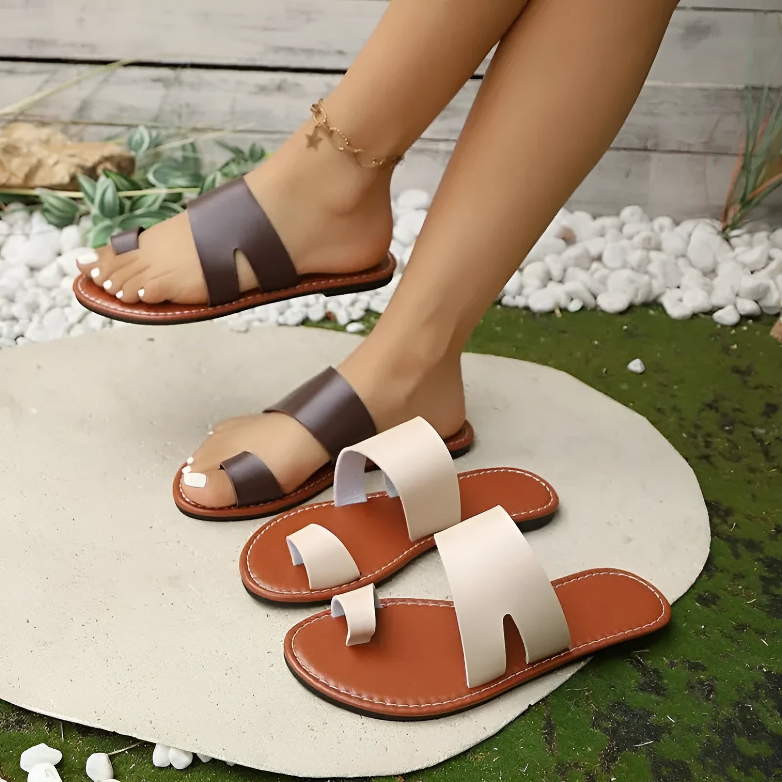 Women's beige round toe flat bottom slippers with PU upper on a light background