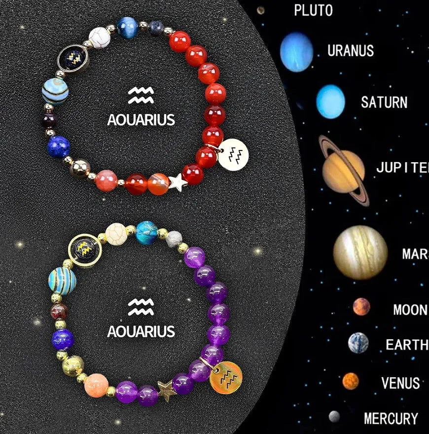 Two natural stone zodiac beaded bracelets with constellation beads, set in style option 1