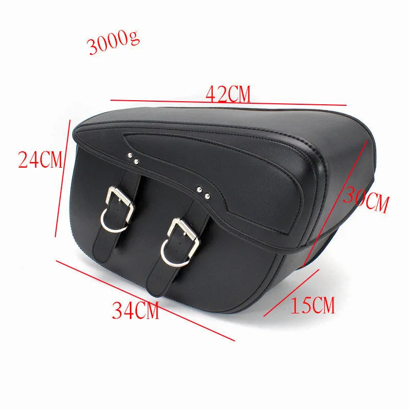 Retro style black PU leather motorcycle side box saddle bag mounted on a bike.