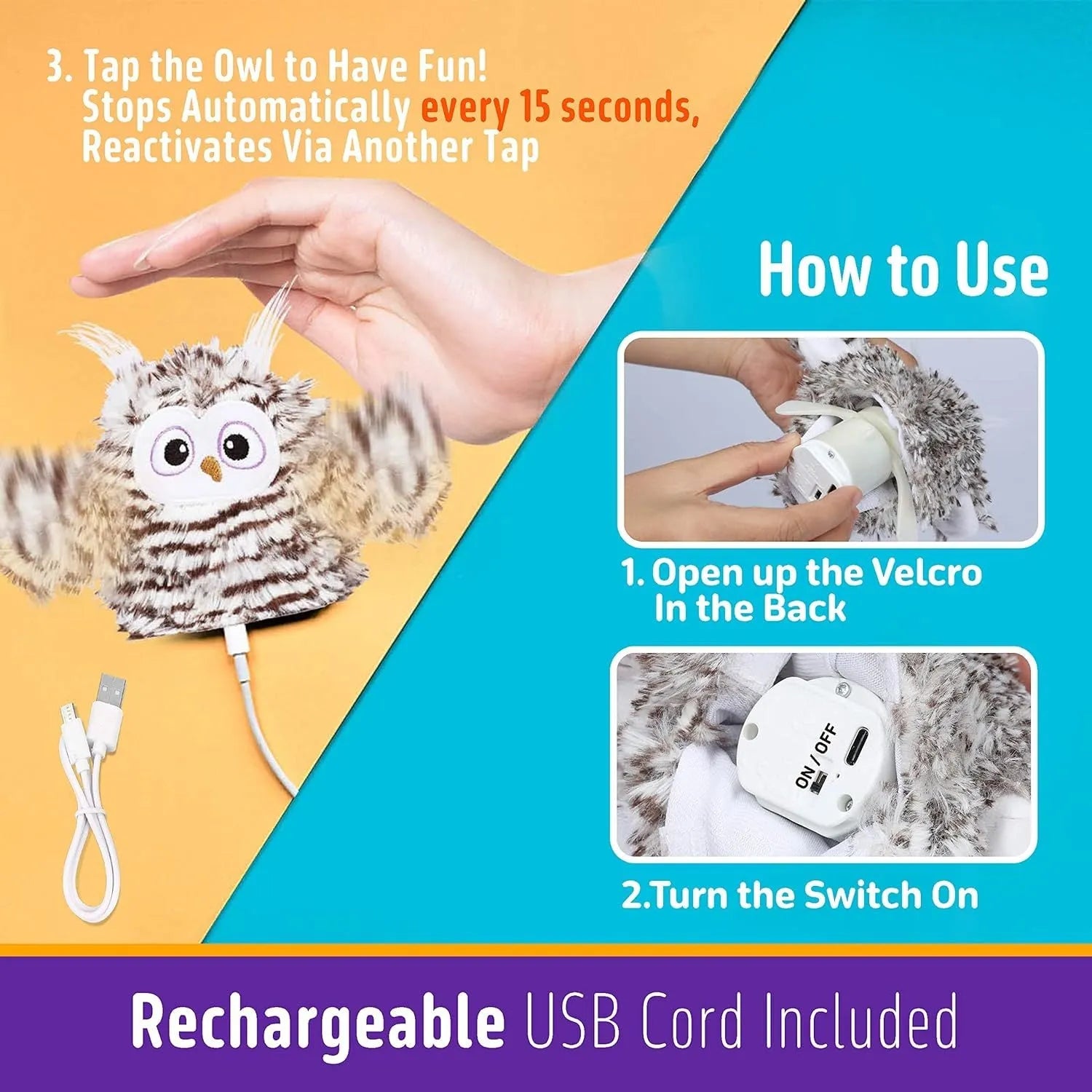 Grey automatic chirping owl cat toy with beating wings on a flat surface.