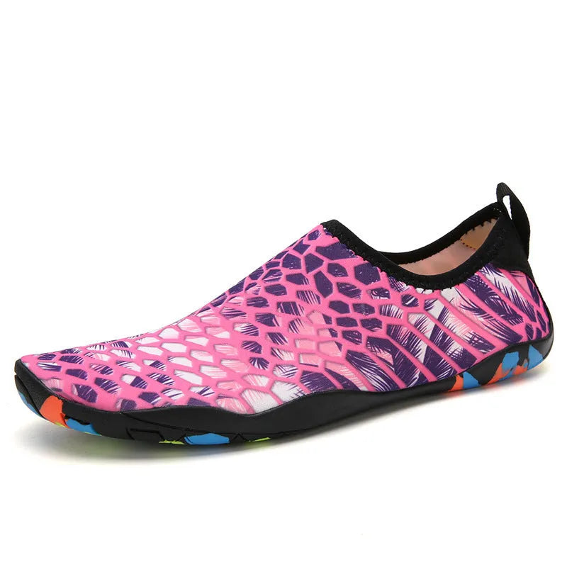 Blue elastic water wading shoes with EVA sole for beach and swimming.