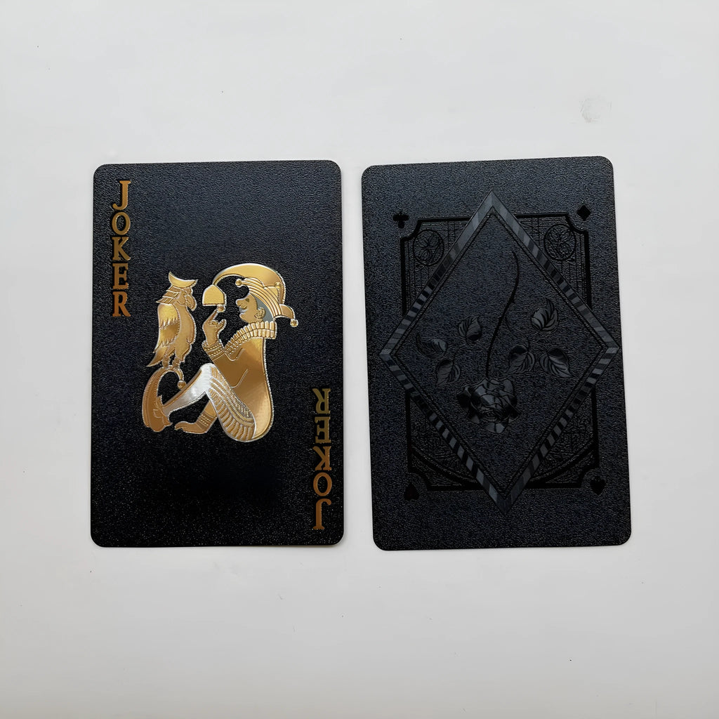Gold foil playing cards with black rose design, 57x87mm size, metallic finish