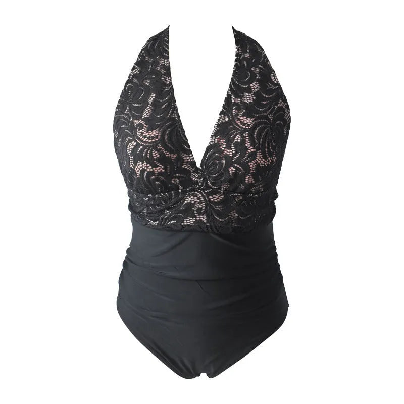 Black polyester patchwork backless tight-fitting one-piece swimsuit on display