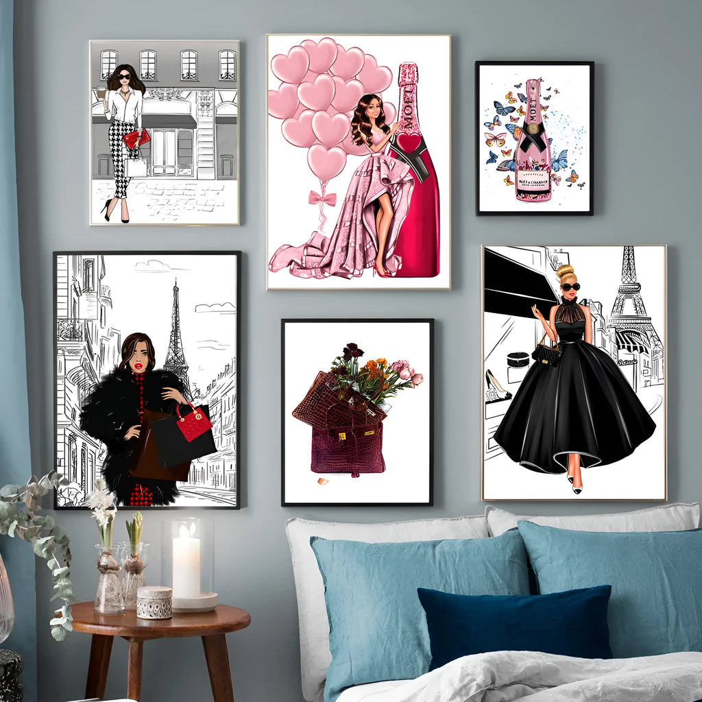 Modern cartoon canvas print wall art featuring a fashion bag girl with balloons and champagne.