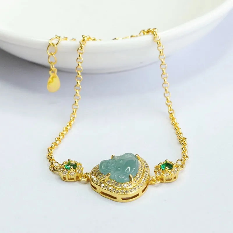 Emerald blue water Buddha jade bracelet for women showing 10x13mm dimensions and inlaid details