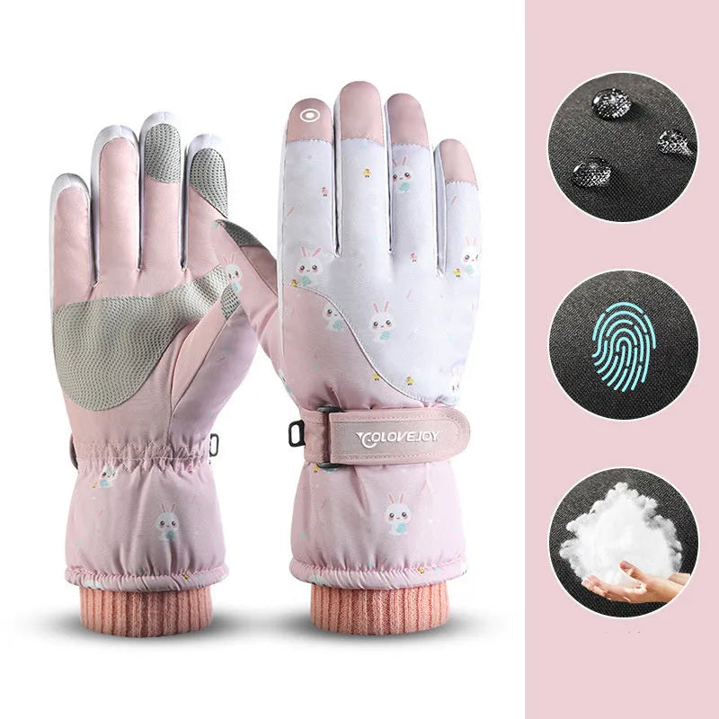 Snowflake cartoon print winter gloves, touchscreen and waterproof, one size, nylon with anti-skid palm