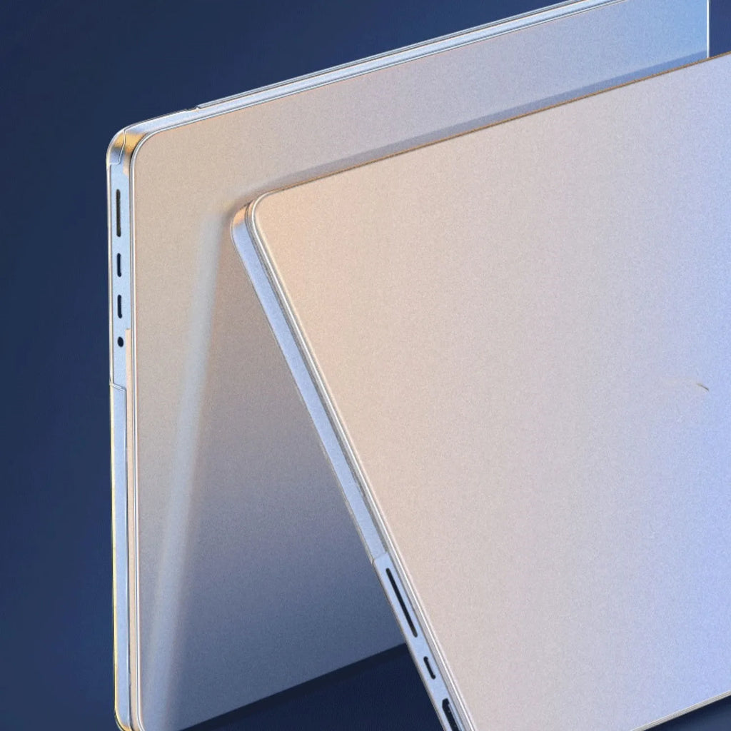 Ultra-thin frosted MacBook protective case showing crystal sand finish and full corner coverage