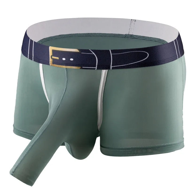 Men's solid colour Ice Silk boxer shorts laid flat, showing mid-waist design in one of six available colours.