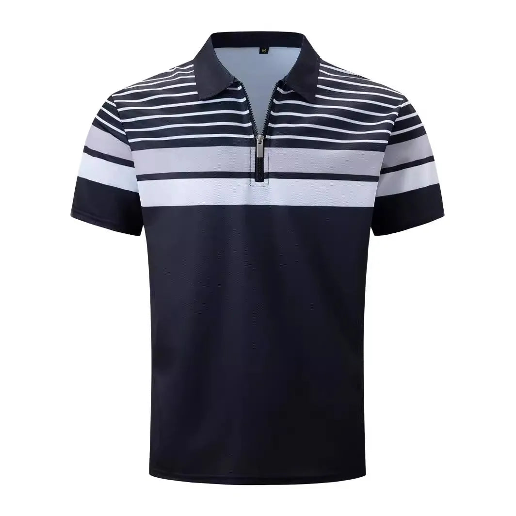 Men's black striped loose fit short sleeve T-shirt made of polyester fibre
