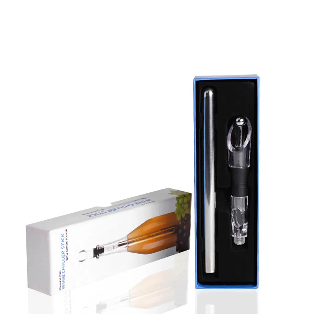 Stainless steel wine bottle cooler stick with acrylic pourer, shown in silver finish.