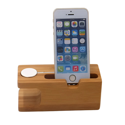 Bamboo carved phone stand with round carving design on office desk, 149mm tall smartphone holder