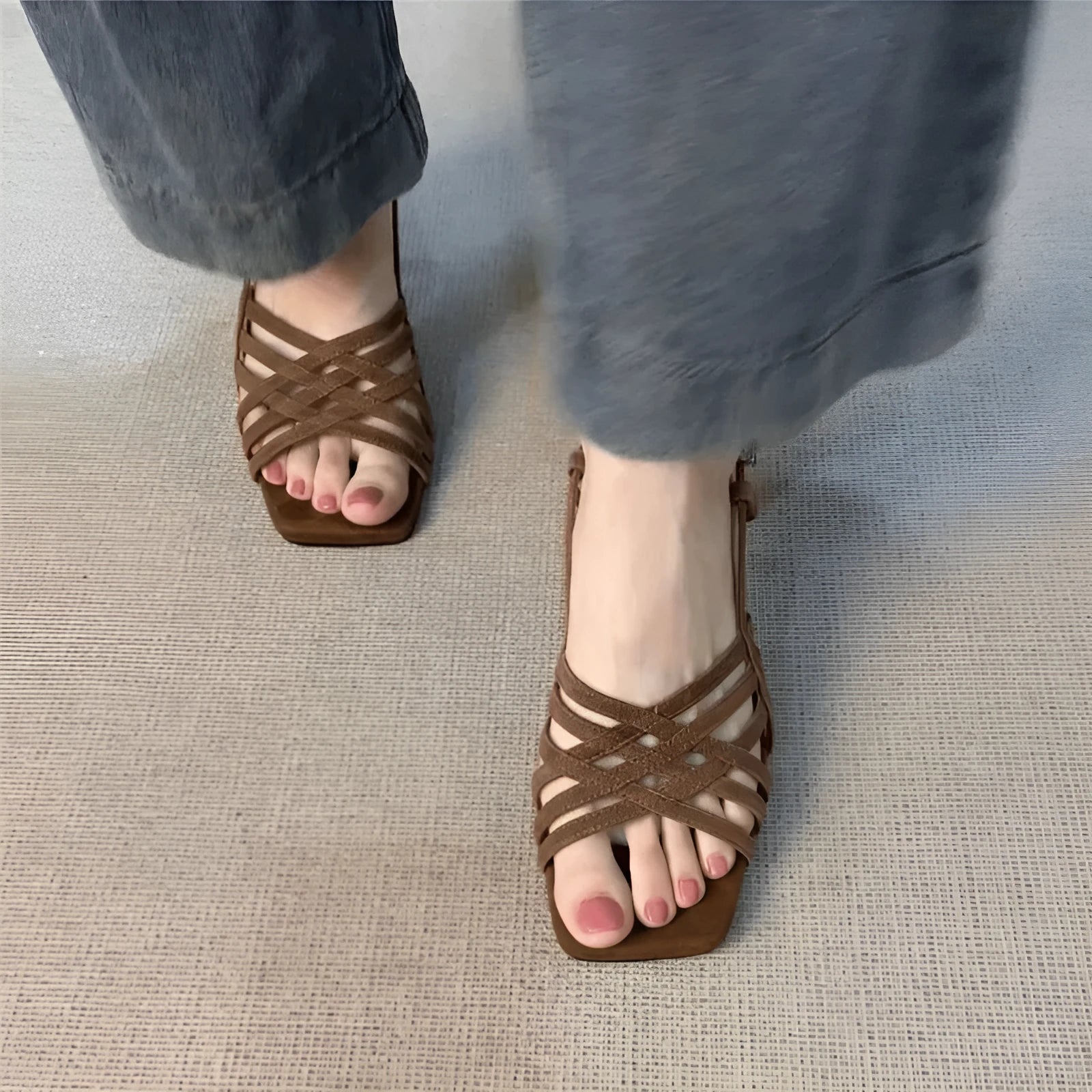 Women's retro-style high-heel sandals with ankle buckle in light brown artificial PU leather