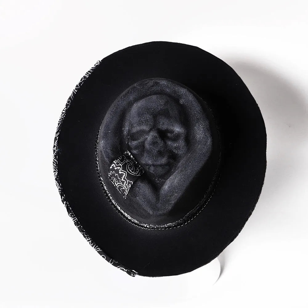 Handmade felt denim wool skull hat with cone crown in skull pattern colour
