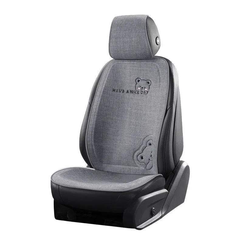 Car seat cushion set with lumbar support pillow and headrest cushion in cure bear linen fabric